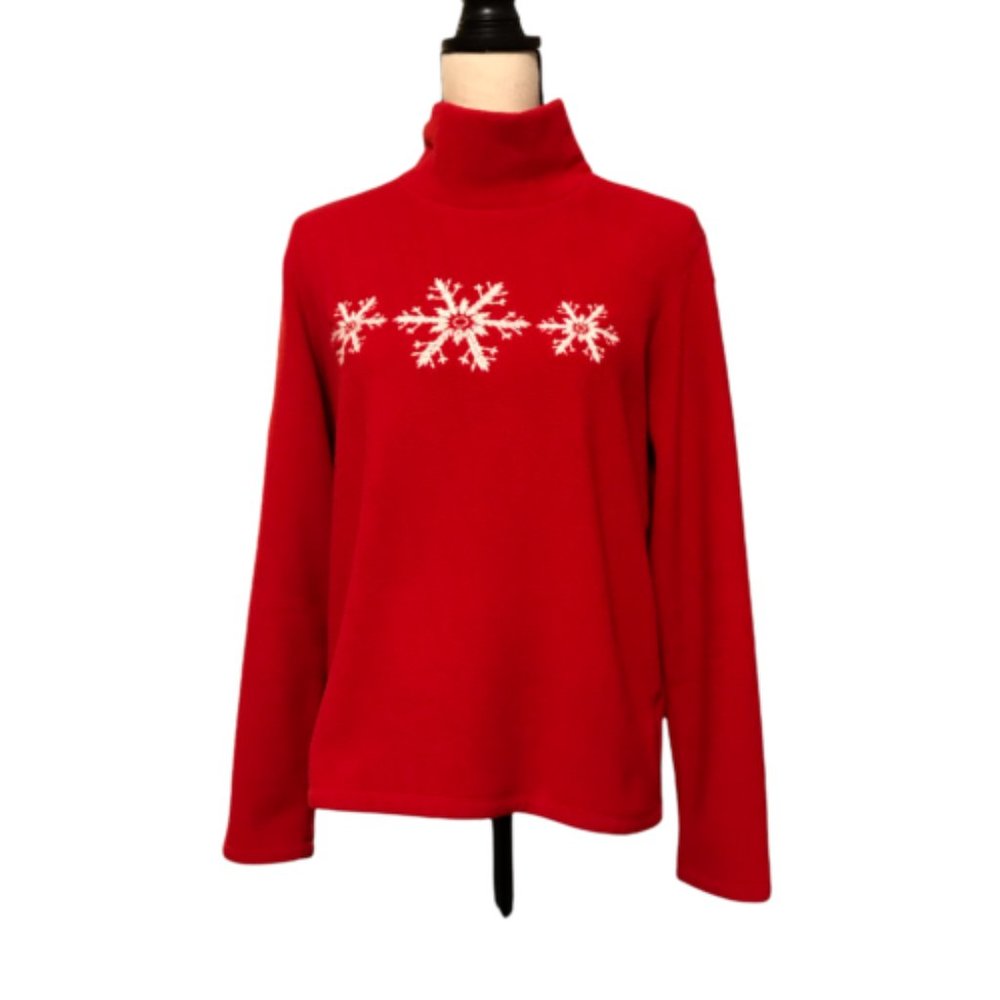 Lands' End Solid Red Crew Neck 3 Snowflake Fleece Sweater, Size XL GUC